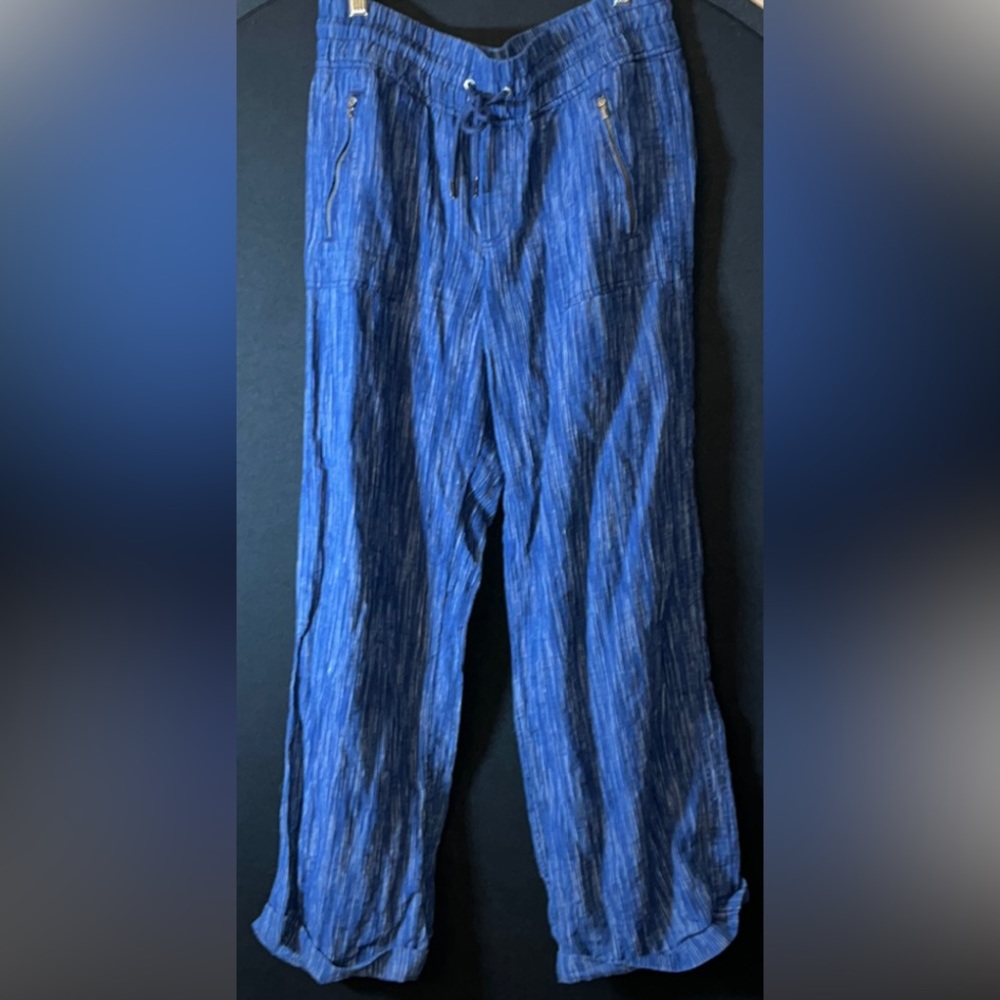 Athleta Blue Linen Drawstring Soft Baggy Pocket Stretch Long Pants- Size 12
